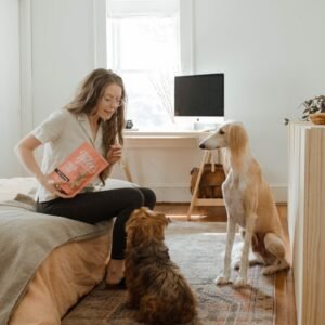 woman in gray shirt sitting on brown couch beside brown long coated dog